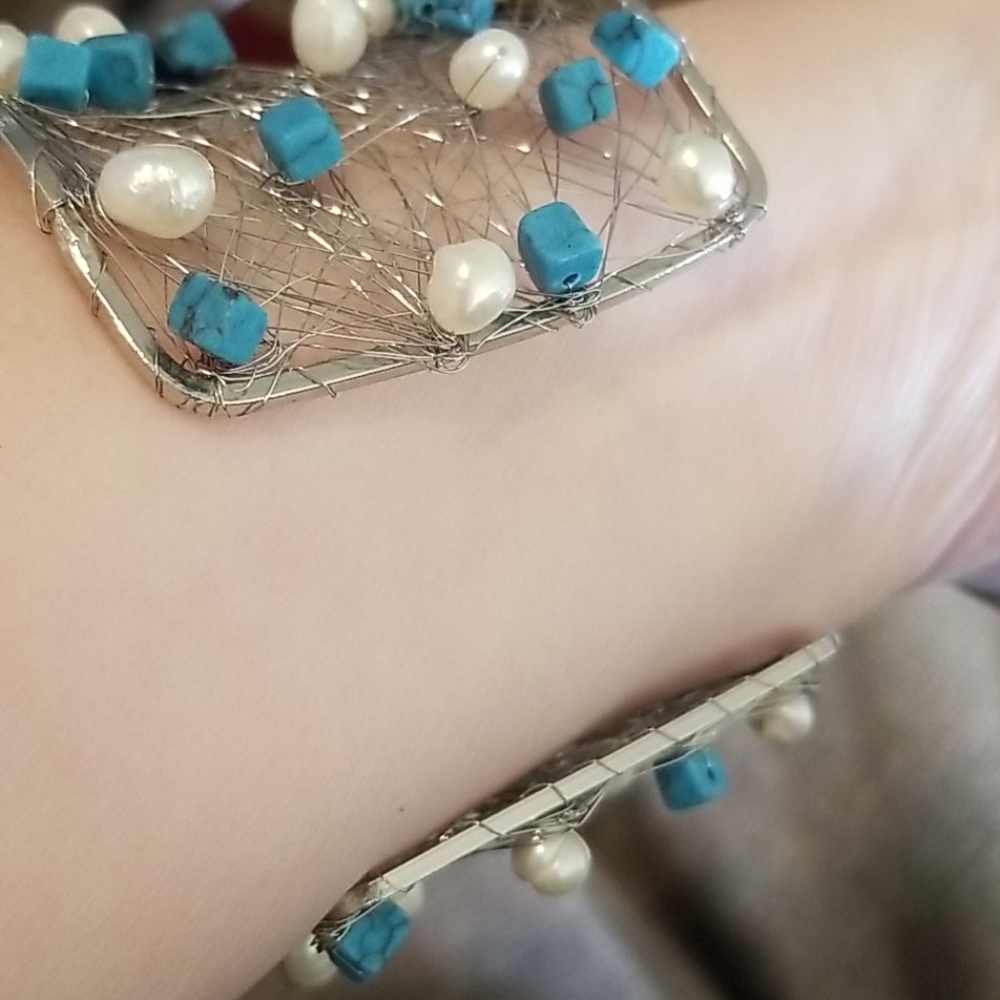 Nina Nguyen Wire Cuff Genuine Turquoise & Pearl. - Picture 7 of 10